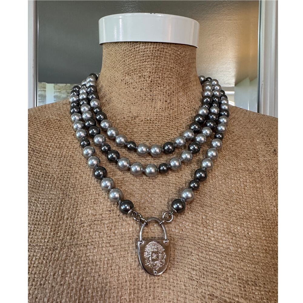 Céline Padlock Necklace 2 Tone Silver Pearl Bead Long Necklace Luxury Statement